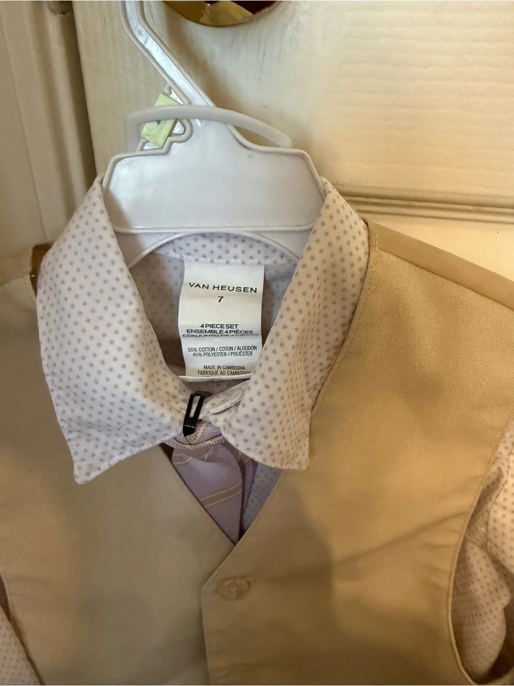 Boys size 7 Tan/lavender formal suit
